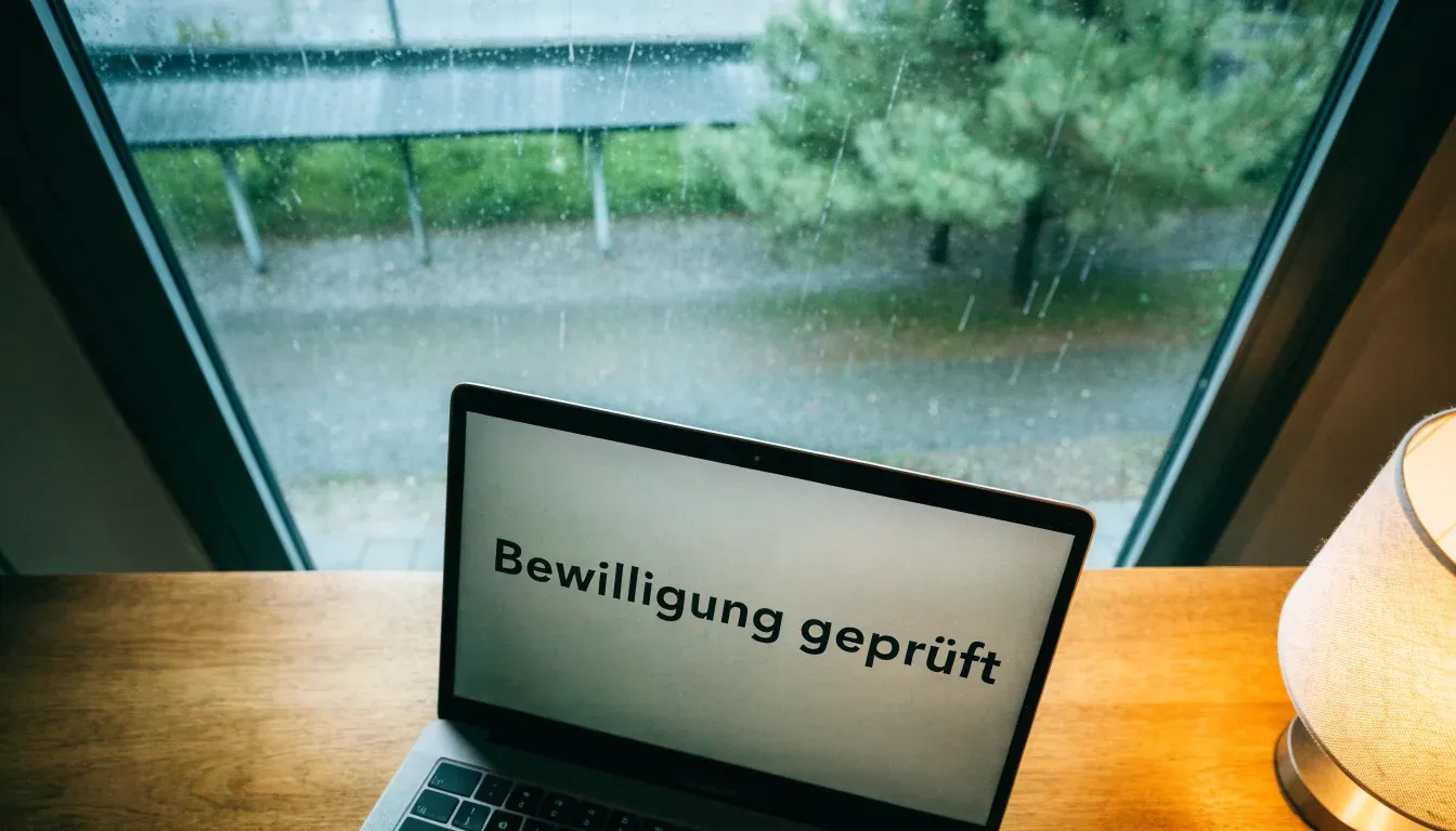Ein leerer Golfwagen steht unter einem Vordach, Regen tropft vom Dachrand auf einen Kiesweg.