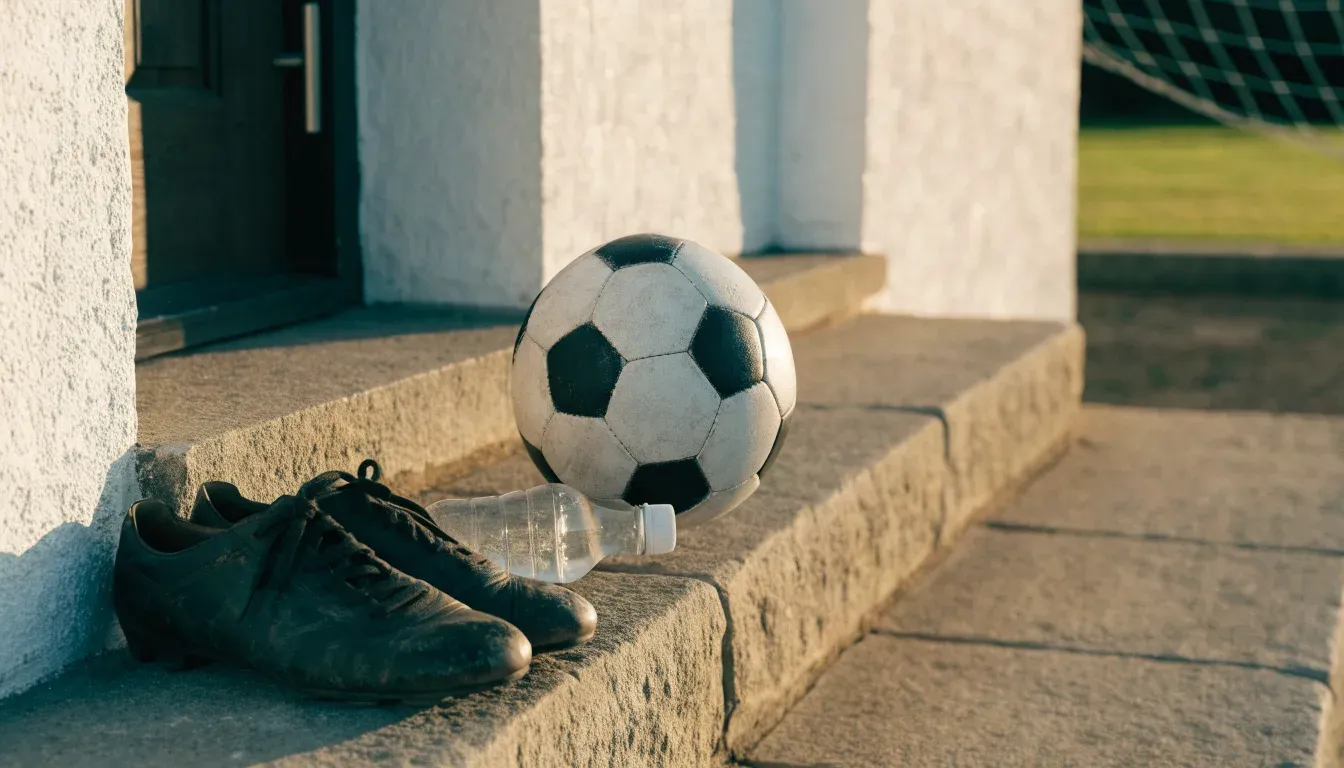 Ein Paar abgetragene Fussballschuhe steht neben einer Wasserflasche auf einer Treppenstufe im Sonnenlicht.