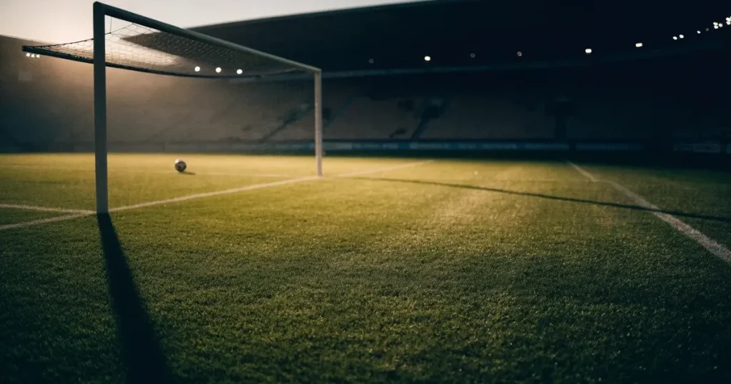 Ein Fussballplatz im Abendlicht mit langen Schatten der Torpfosten, die Rasenfläche leuchtet gelblich.