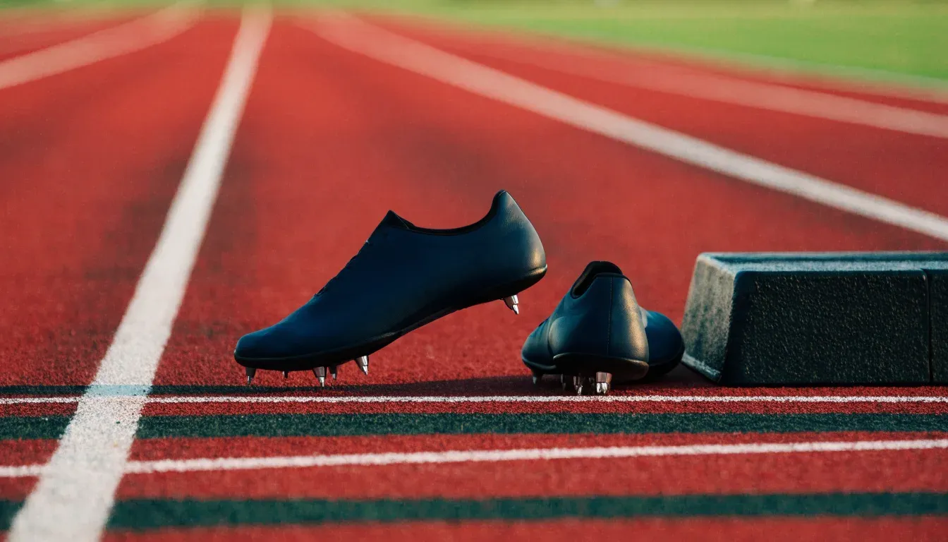 Ein Paar Laufschuhe mit Spikes liegt auf einer Tartanbahn neben einem Startblock, die Linien verlaufen in die Ferne.