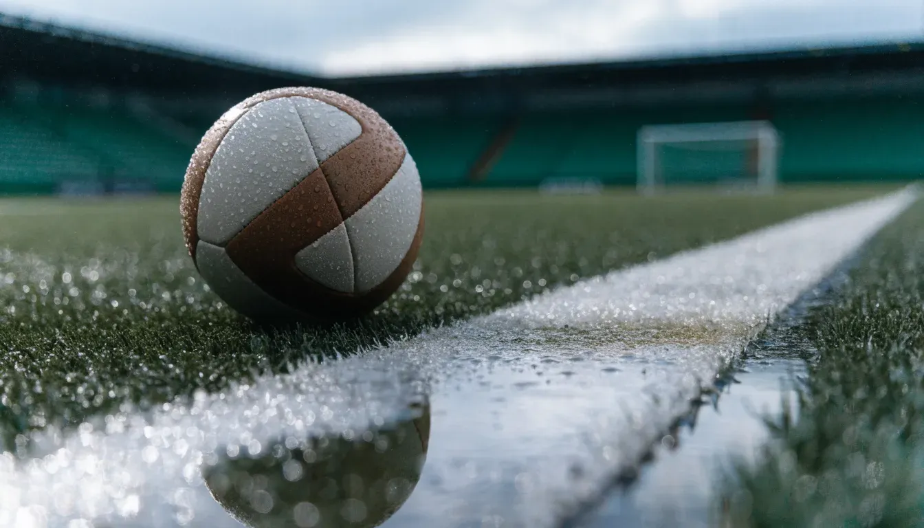 Ein Fussball liegt auf nassem Kunstrasen neben einer weissen Linie, Pfützen spiegeln den Himmel.