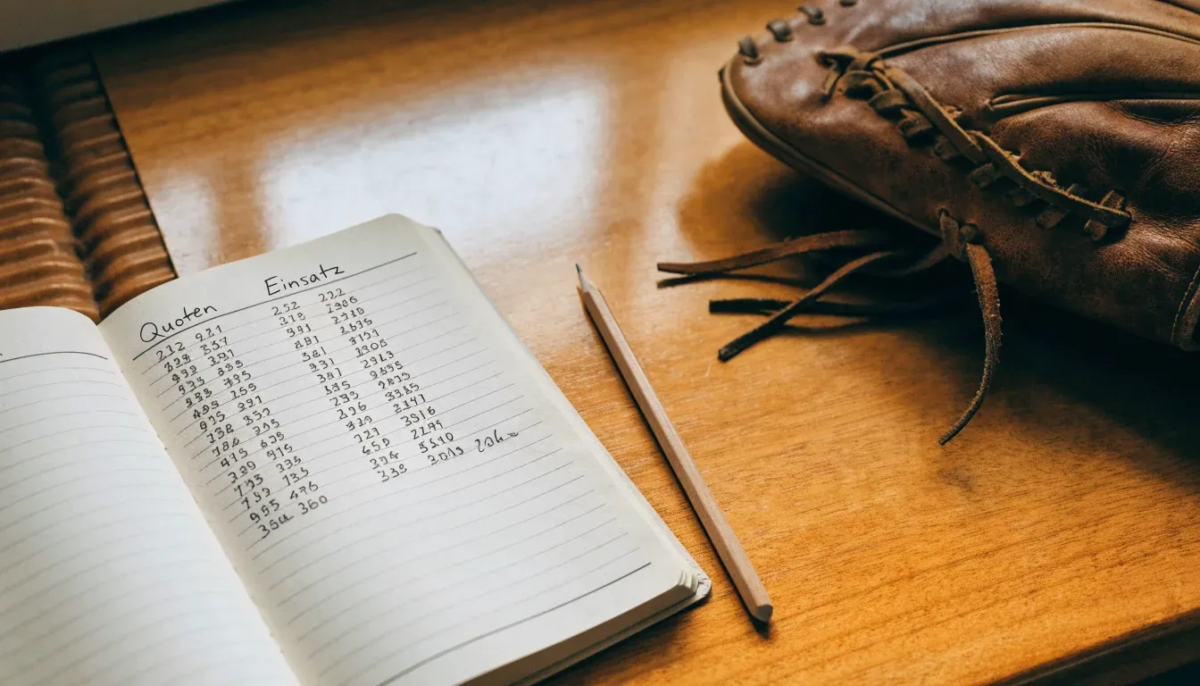 Ein aufgeschlagenes Notizbuch mit handgeschriebenen Notizen und ein Bleistift liegen auf einem Holztisch neben einem abgegriffenen Baseballhandschuh.