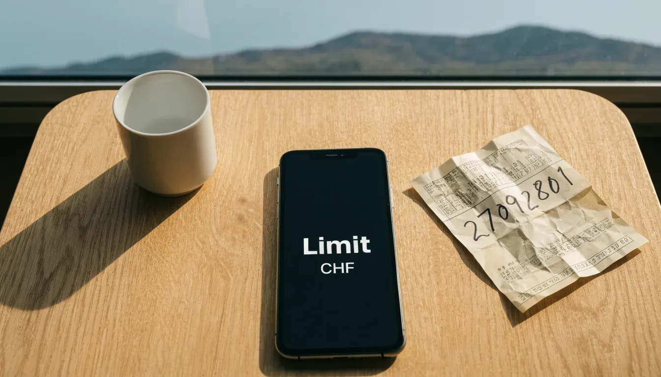 Ein Smartphone mit dunklem Bildschirm liegt auf einem hellen Schreibtisch neben einer Tasse, durch das Fenster dahinter sieht man eine Bergkette.