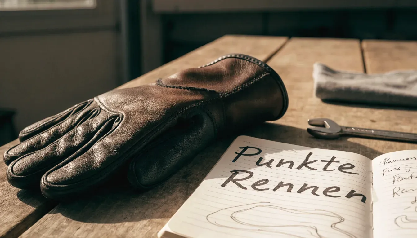 Ein Motorradhandschuh aus Leder liegt auf einer Werkbank neben einem Block mit handgezeichneten Skizzen und einem Schraubenschlüssel.