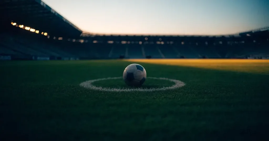 Ein Fussball liegt auf dem Mittelpunkt eines leeren Rasens, im Hintergrund steigen steile Tribünen in der Dämmerung auf.