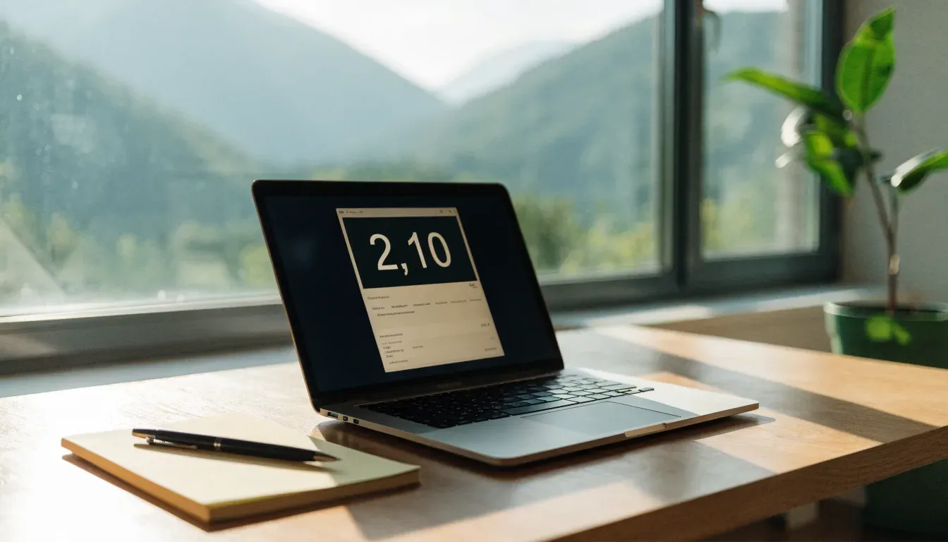 Ein Schreibtisch mit einem geschlossenen Laptop und einer Zimmerpflanze vor einem Fenster mit Blick auf eine Bergkette im Morgenlicht.