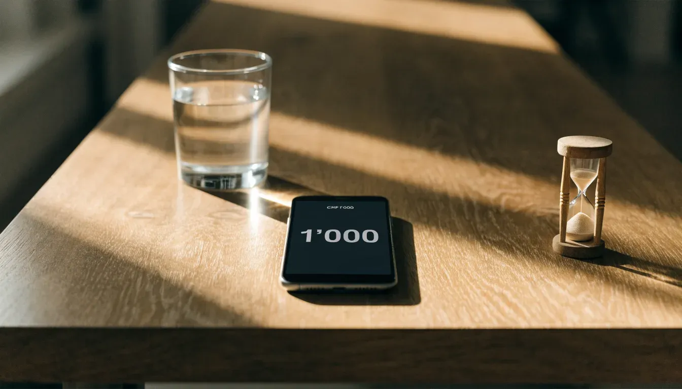 Eine Sanduhr steht auf einem Holztisch neben einem Glas Wasser, schräges Morgenlicht wirft einen langen Schatten über die Tischplatte.