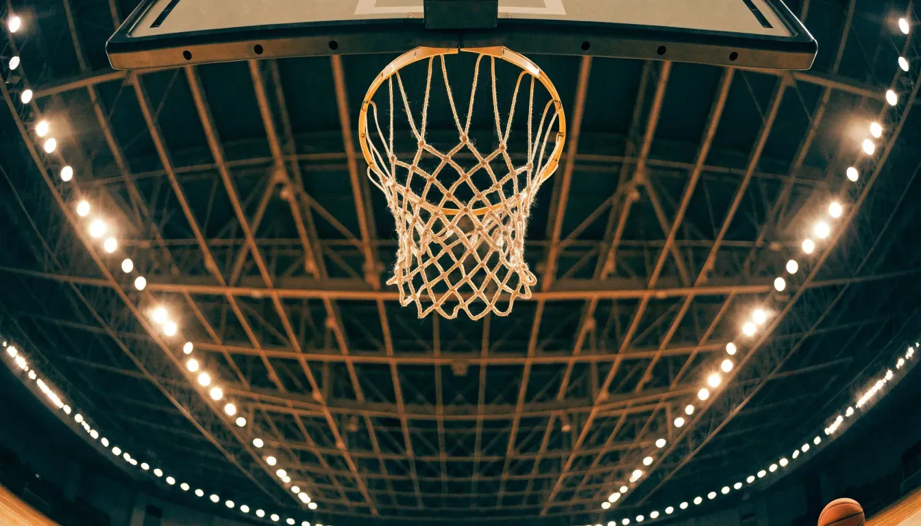 Ein Basketballkorb von unten gesehen, darüber eine Hallendecke mit Scheinwerfern und Stahlträgern.