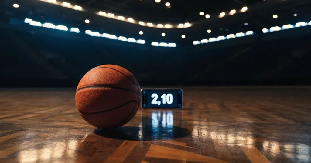 Ein orangefarbener Basketball liegt auf dem Parkett einer leeren Halle unter hellem Flutlicht, die Tribünen sind dunkel.