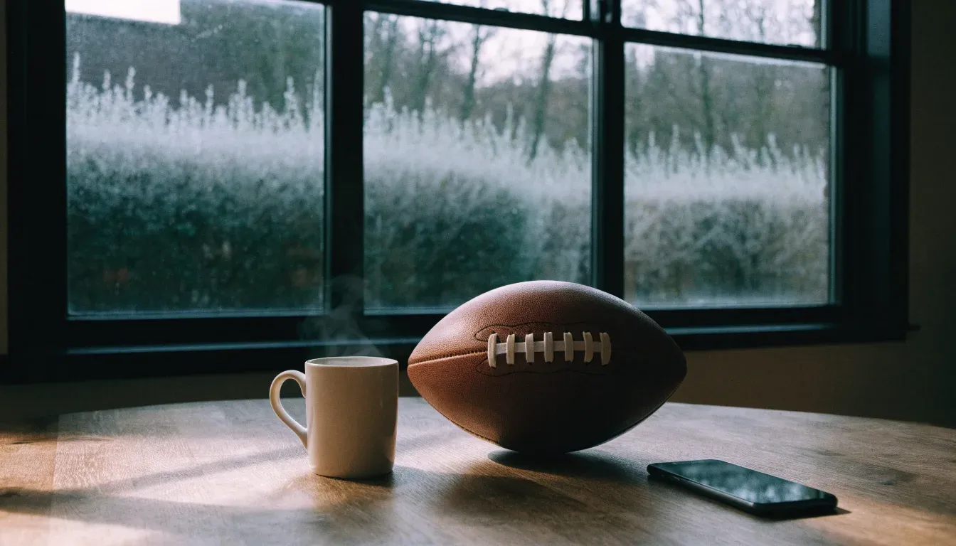Ein Kaffeebecher und ein Football stehen auf einem Küchentisch am Morgen, durch das Fenster sieht man einen Garten mit Raureif.