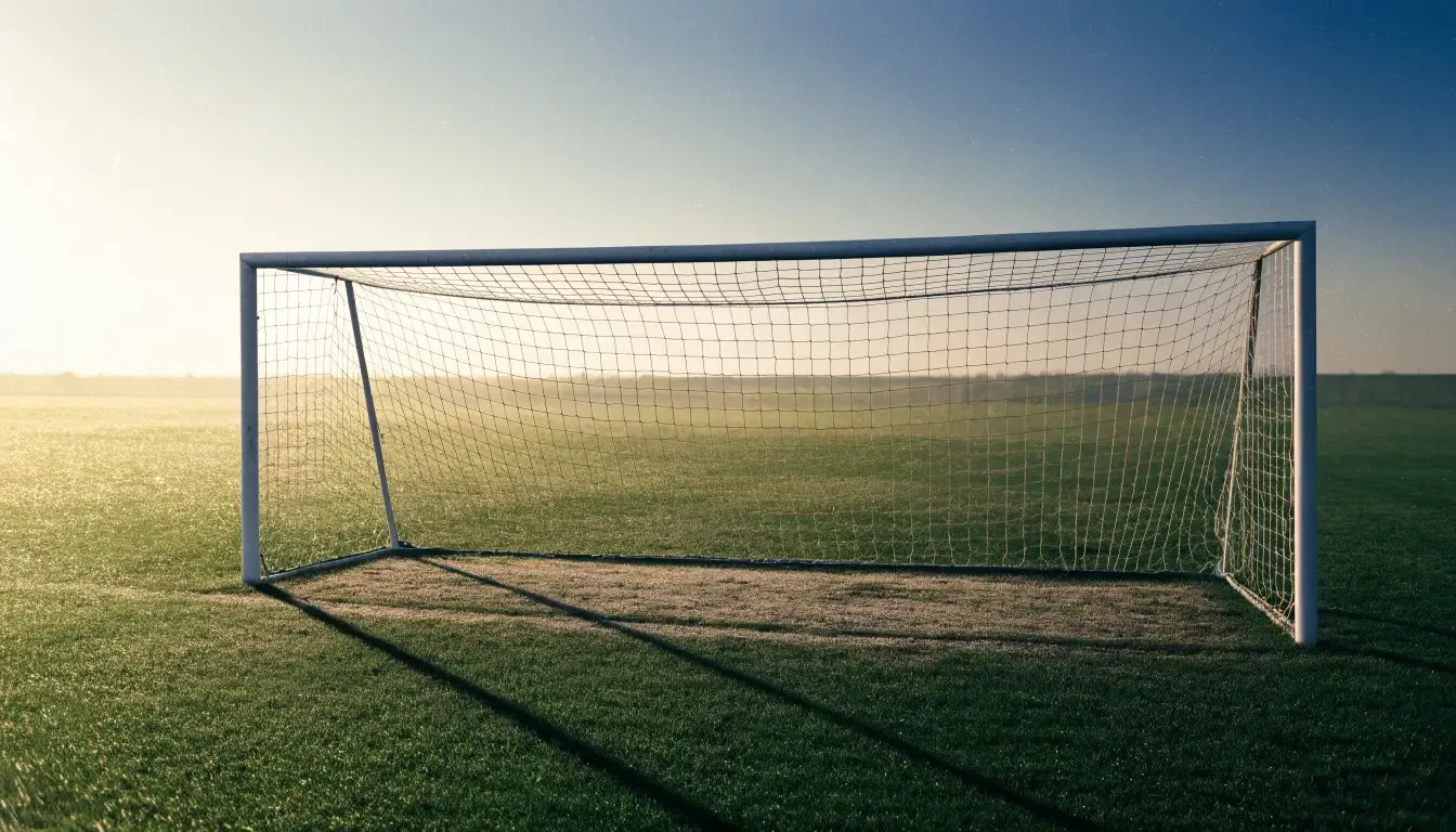Ein Fussballtor mit Netz in der Totalen auf einem leeren Platz, Tau glänzt im Gras und die Morgensonne steht tief.
