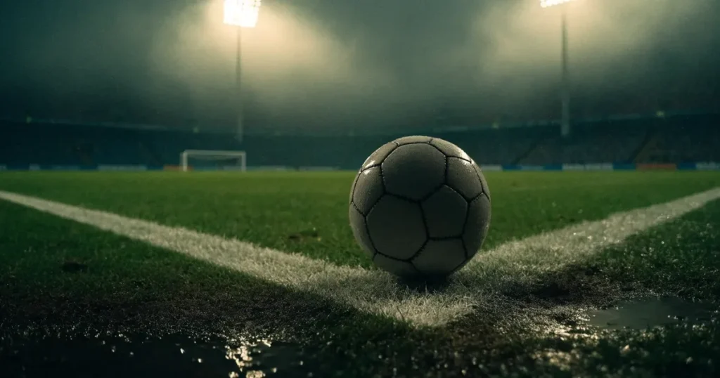 Ein Fussball liegt auf der Strafraumlinie eines nassen Rasens, dahinter stehen Flutlichtmasten im aufsteigenden Nebel.