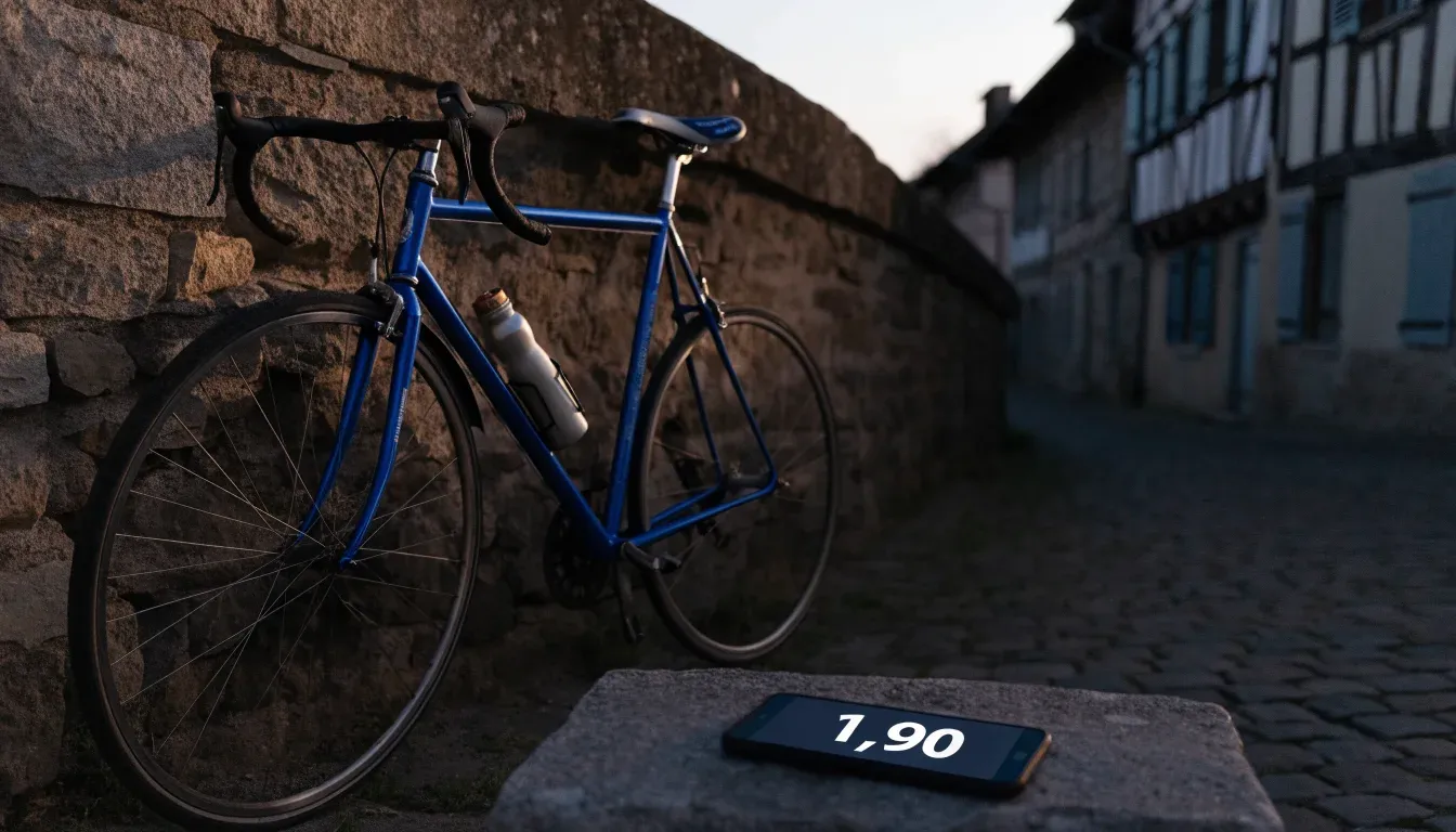 Ein Rennrad lehnt an einer Steinmauer am Rand eines Dorfplatzes, daneben eine Trinkflasche im ersten Sonnenlicht.