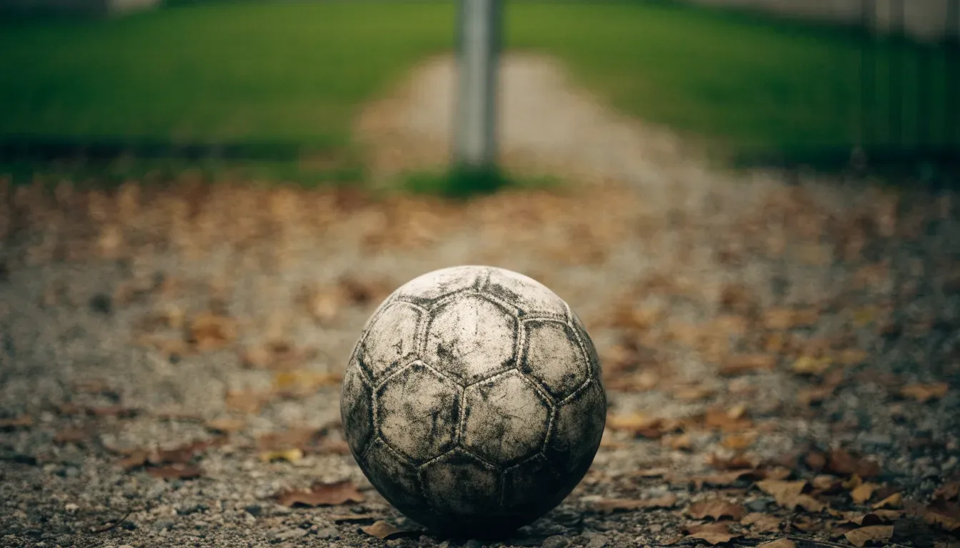 Ein abgenutzter Fussball liegt auf einem Kiesweg neben dem Eingang eines Vereinsplatzes, Laub liegt auf dem Boden.