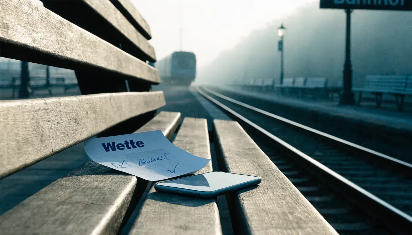 Ein Bahnsteig mit leeren Bänken an einem Regionalbahnhof am Morgen, ein Zug fährt in der Ferne ein.