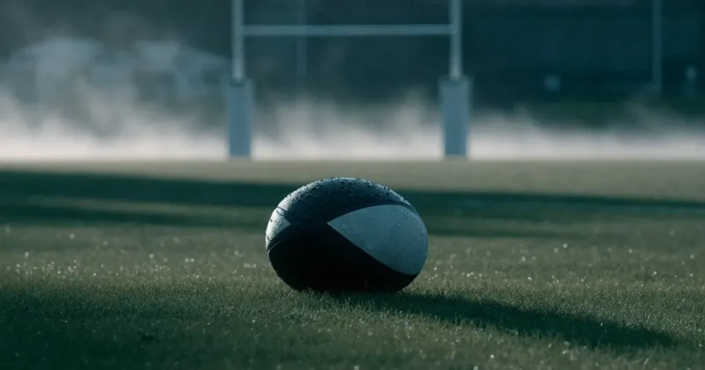 Ein ovaler Rugbyball liegt auf feuchtem Rasen vor zwei hohen Torstangen, hinter dem Spielfeld steigen Nebelschwaden auf.