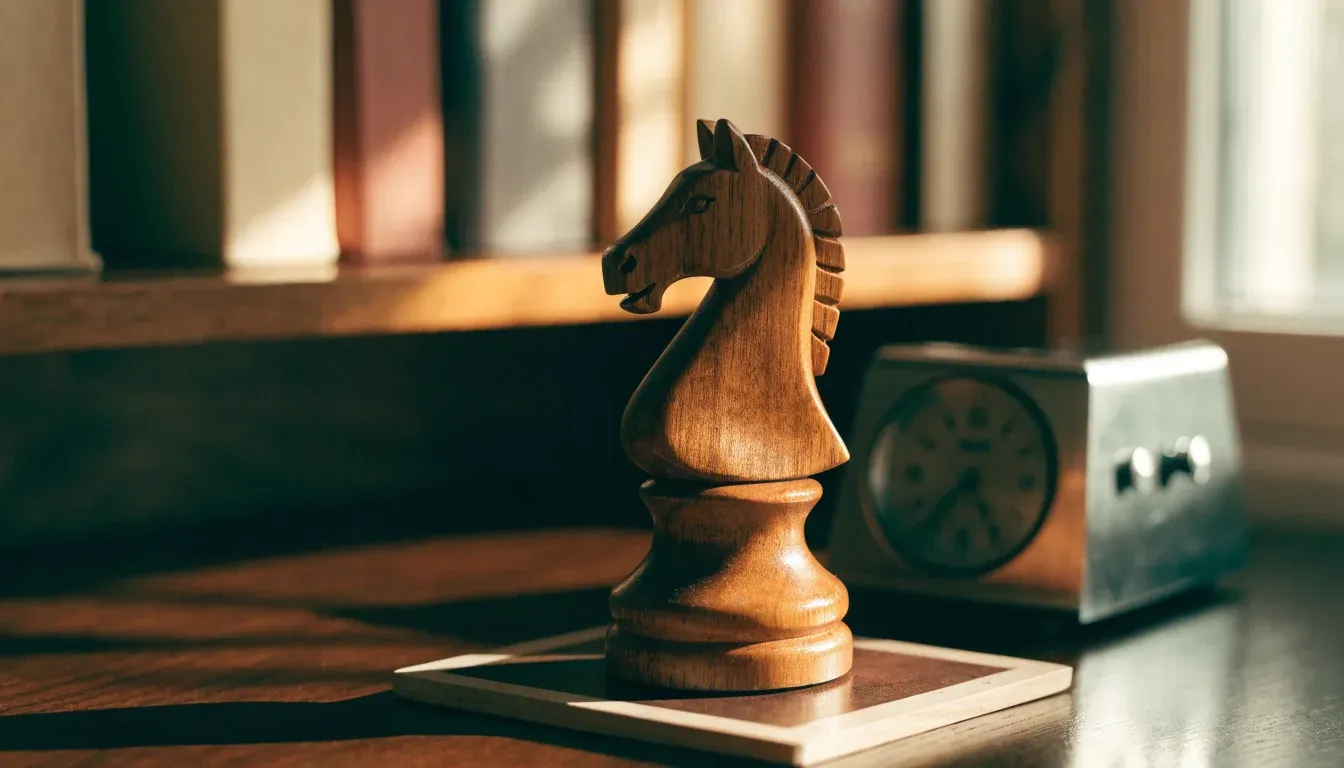 Ein Springer aus Holz steht allein auf einem Brett neben einer Schachuhr aus Metall, im Hintergrund unscharfe Bücherregale.