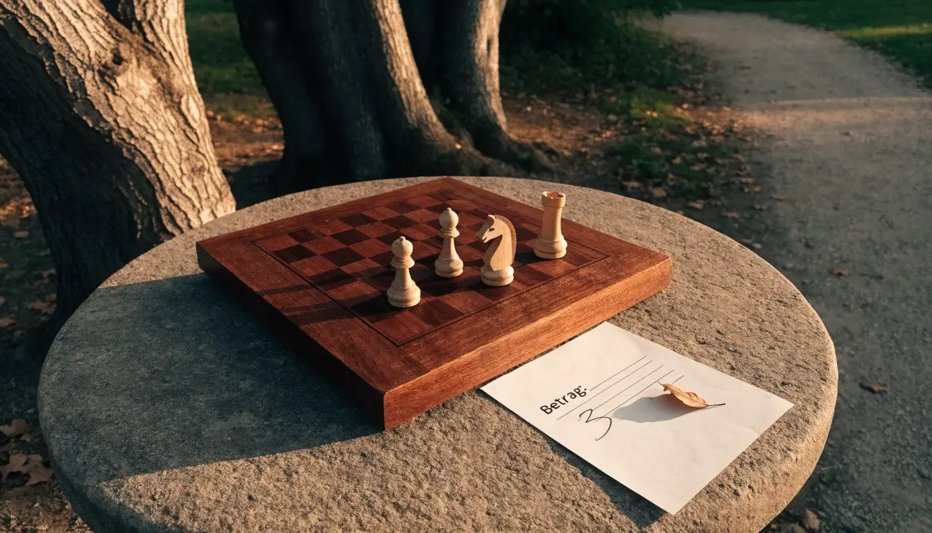 Ein Parkbank-Tisch mit eingelassenem Spielfeld unter alten Kastanien, auf den Wegen liegt Laub und die Sonne steht tief.