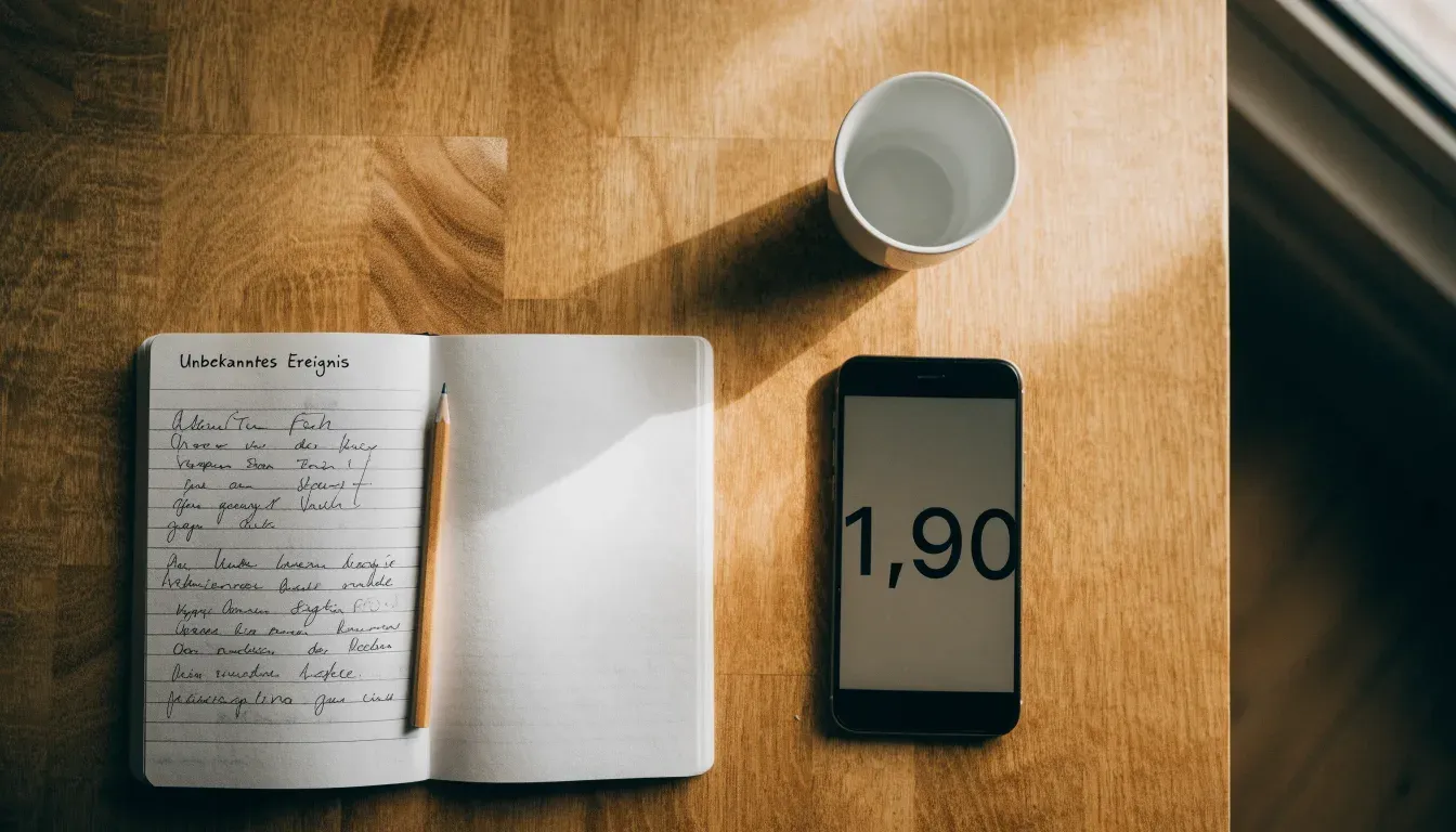 Ein aufgeschlagenes Notizbuch mit handschriftlichen Skizzen neben einem Bleistift und einer Kaffeetasse auf einem Holztisch.