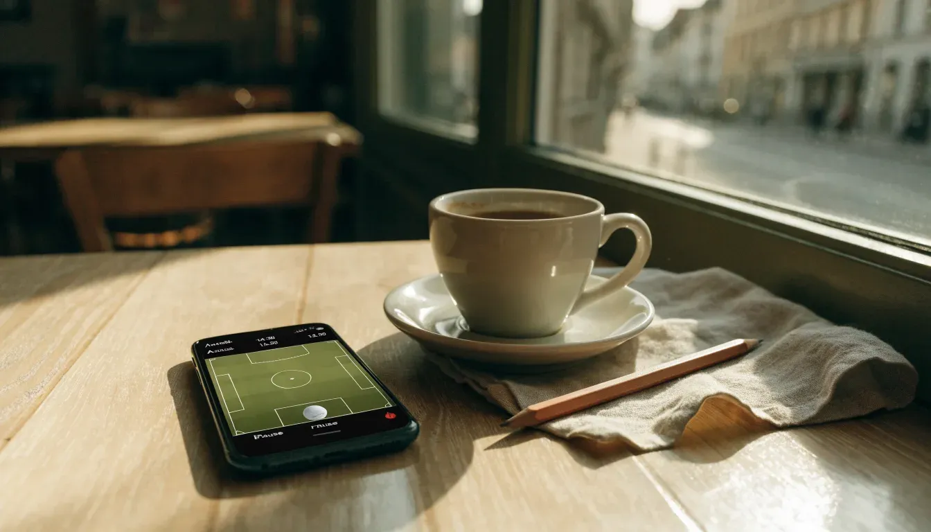 Eine Espressotasse und ein Bleistift liegen auf einem Caféhaustisch neben einer gefalteten Stoffserviette im Licht der Morgensonne.