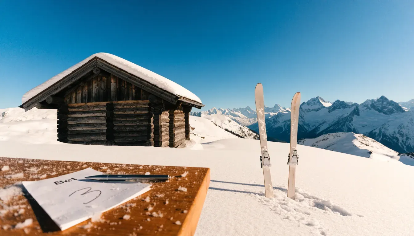 Zwei Skier stecken aufrecht im Schnee neben einer Holzhütte, dahinter ein weites Alpenpanorama bei klarem Himmel.