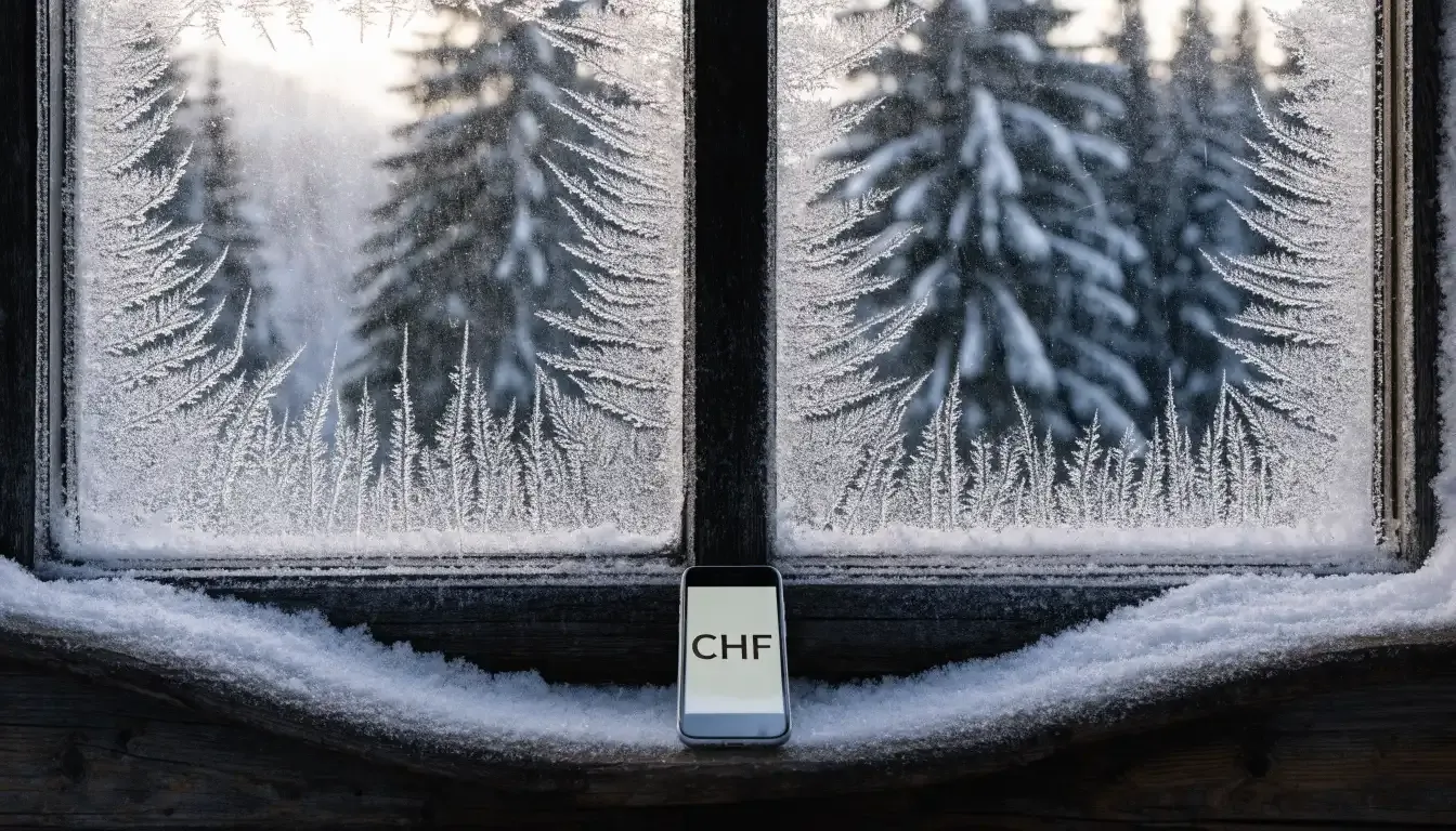 Ein vereistes Fenster einer Berghütte mit Blick auf verschneite Tannen im blassen Winterlicht.