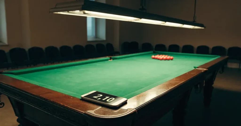 Ein Snookertisch mit grünem Tuch und einem Dreieck aus roten Kugeln unter einer tief hängenden Lampe in einer leeren Halle.