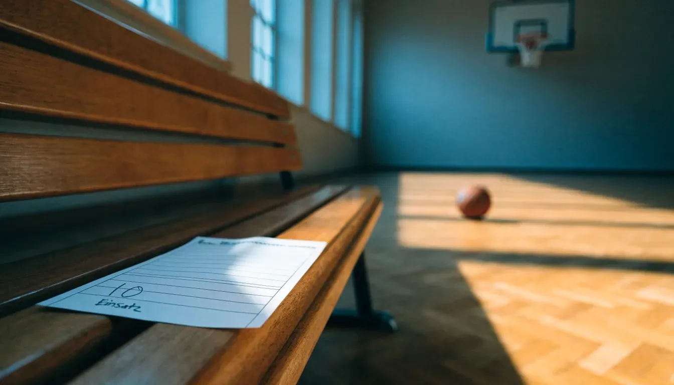 Ein Basketballkorb hängt in einer leeren Turnhalle, durch hohe Fenster fällt Licht auf das Holzparkett.