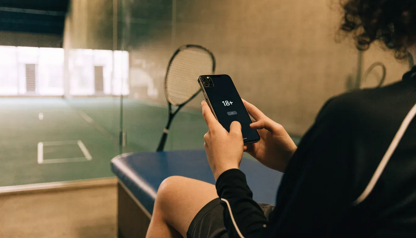 Ein Squashschläger lehnt an der Glaswand eines leeren Courts, draussen fällt Tageslicht in den Gang.