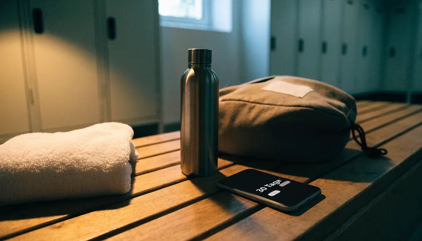 Ein Frottiertuch und eine Trinkflasche liegen auf einer Bank neben einer Sporttasche in einer ruhigen Garderobe.