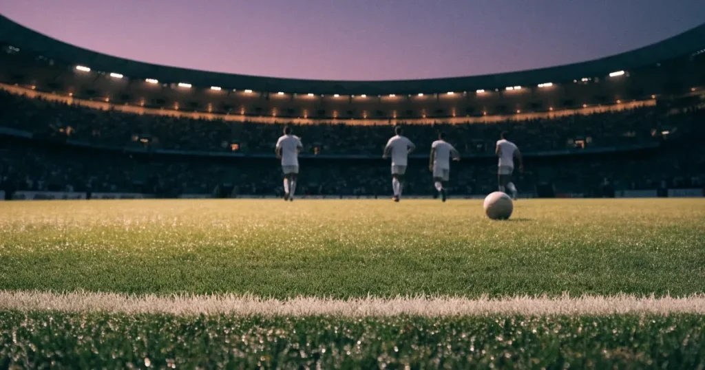 Eine Seitenlinie aus weisser Kreide auf dem Rasen in der Dämmerung, in der Ferne ragt eine hell beleuchtete Stadionschüssel auf.
