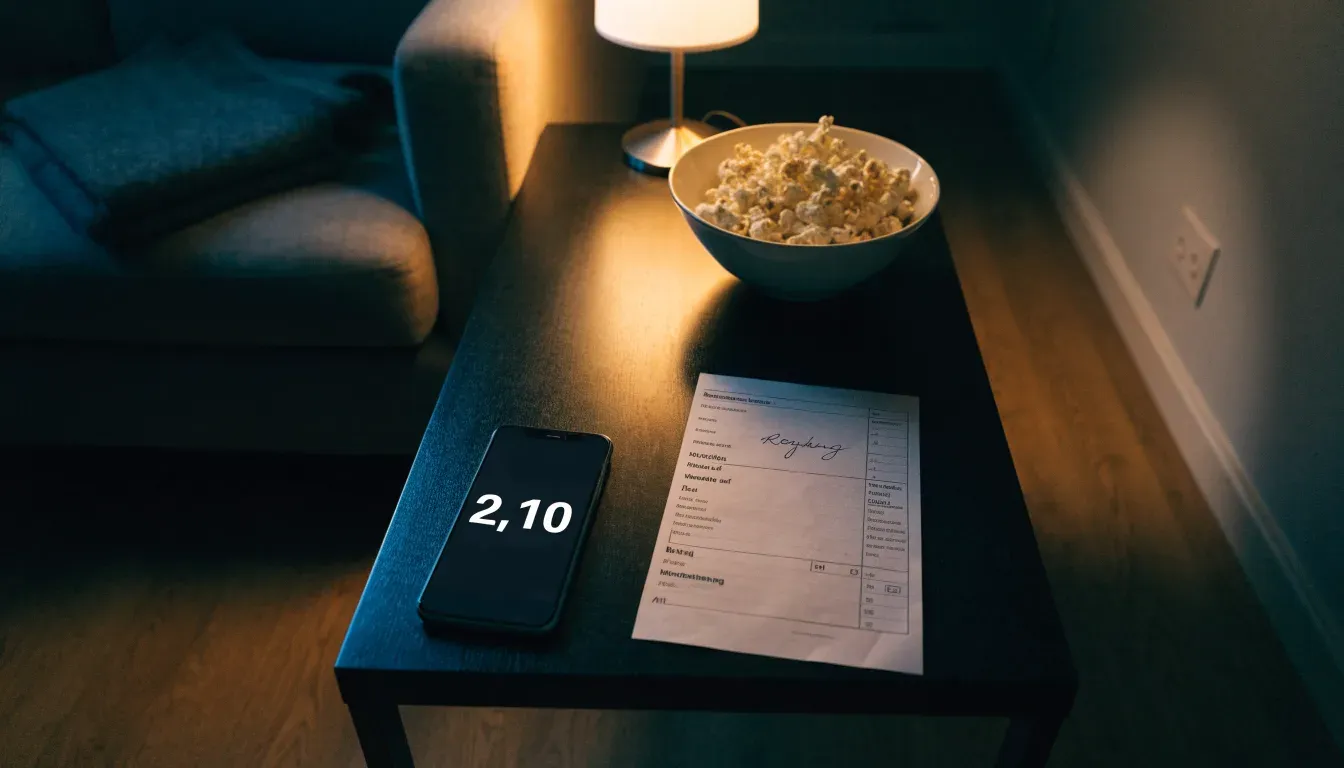 Ein Sofa mit Wolldecke und eine Schale Popcorn auf dem Couchtisch in einem Wohnzimmer bei Lampenlicht am späten Abend.