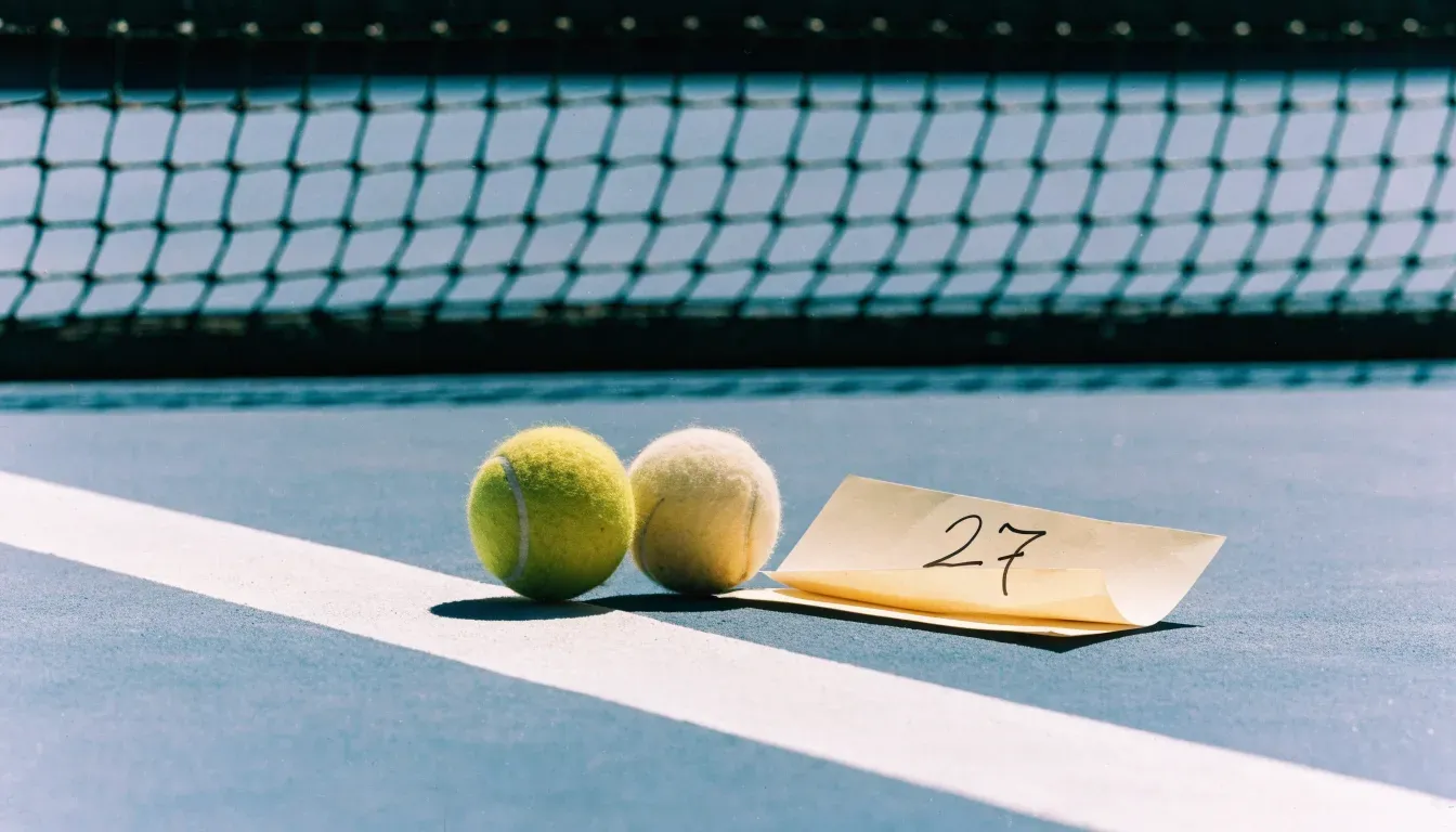 Zwei Tennisbälle liegen auf der weissen Grundlinie eines Hartplatzes im grellen Sonnenlicht.