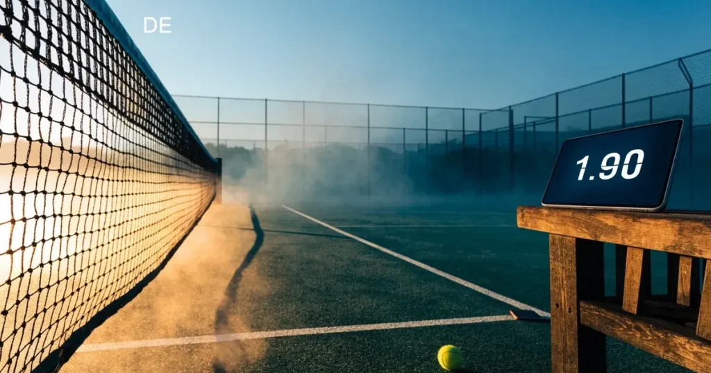 Ein leerer Tennisplatz im Morgengrauen, der Netzschatten fällt lang über den Platz, über der Grundlinie liegt leichter Nebel.