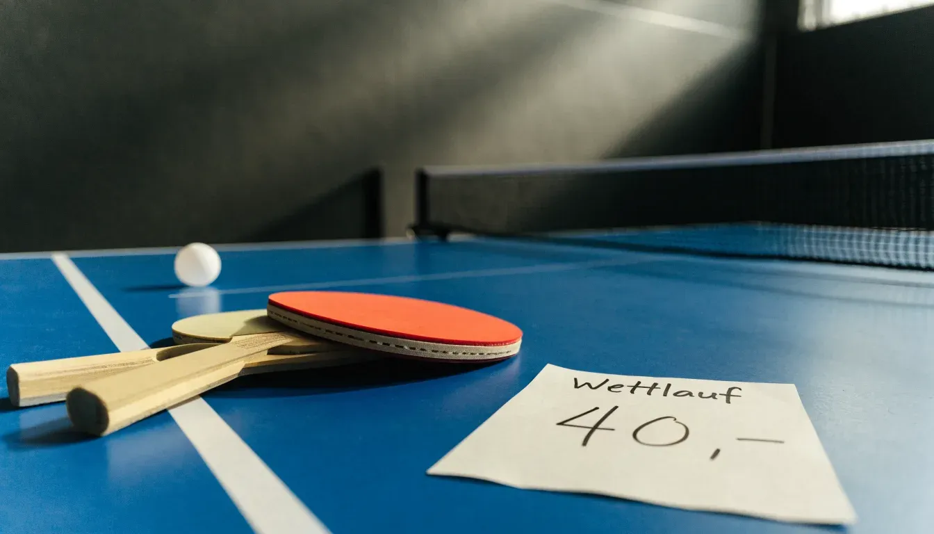 Zwei Tischtennisschläger liegen gekreuzt am Rand einer Platte, daneben ein kleiner weisser Ball.