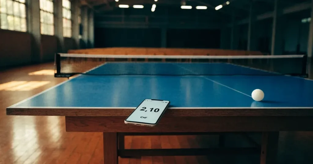 Eine Tischtennisplatte mit Netz in einer leeren Sporthalle, ein heller Ball liegt auf einer Seite, Deckenlicht spiegelt sich im Hallenboden.