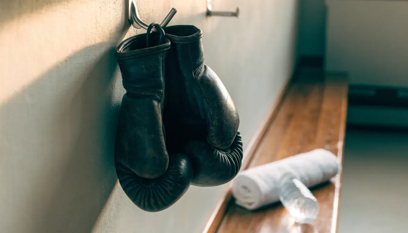 Ein Paar abgegriffener Kampfsporthandschuhe hängt an einem Haken in einem Trainingsraum.