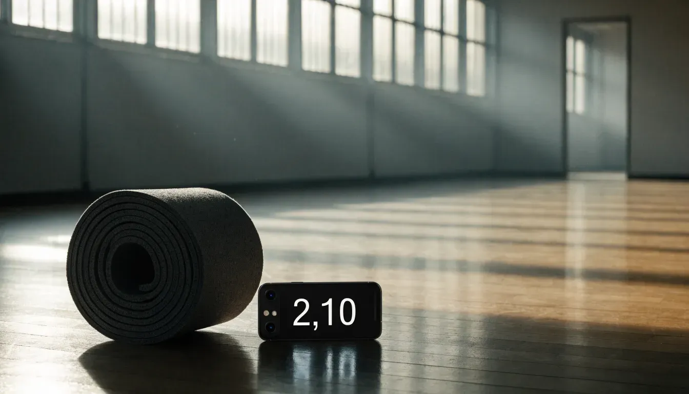 Eine zusammengerollte Trainingsmatte in der Ecke eines leeren Fitnessraums, durch hohe Fenster fällt Morgenlicht.