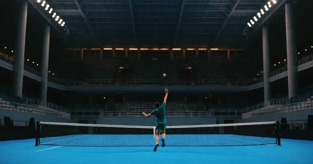 Ein hohes Tennisstadion mit geschlossenem Dach, von innen beleuchtet, leere Sitzreihen umschliessen den blauen Hartplatz.