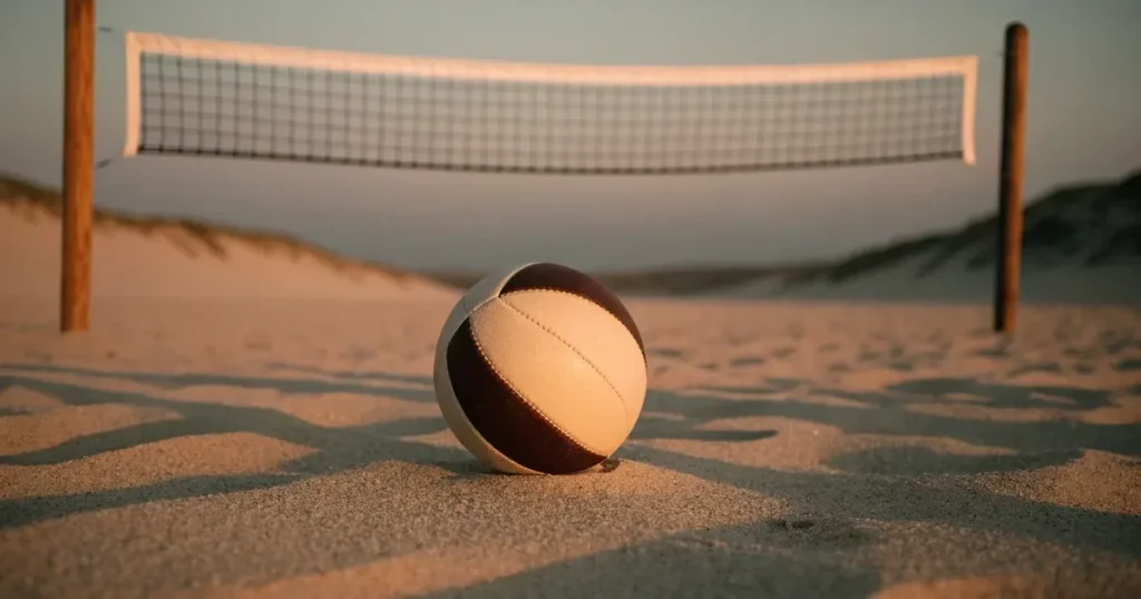 Ein Volleyball liegt im Sand eines Beachplatzes, zwischen zwei Pfosten ist ein Netz gespannt, tiefe Abendsonne wirft lange Schatten.