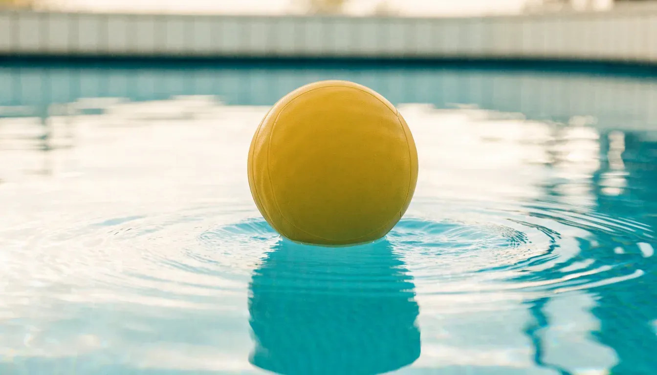 Ein gelber Ball treibt auf ruhigem türkisfarbenem Beckenwasser, feine Wellen im weichen Licht.