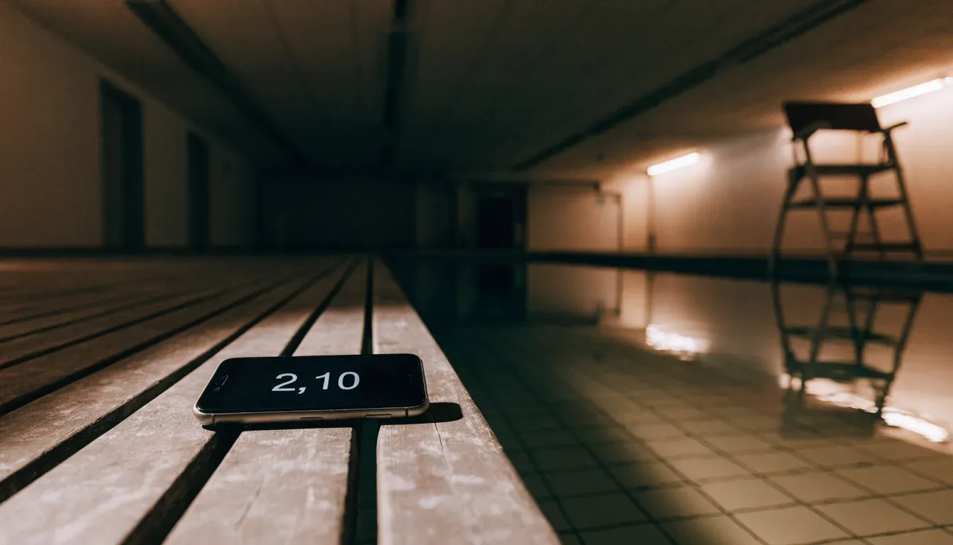 Ein Bademeisterstuhl neben einem Hallenbad zur Schliesszeit, gedimmtes Licht, glatte Wasseroberfläche.