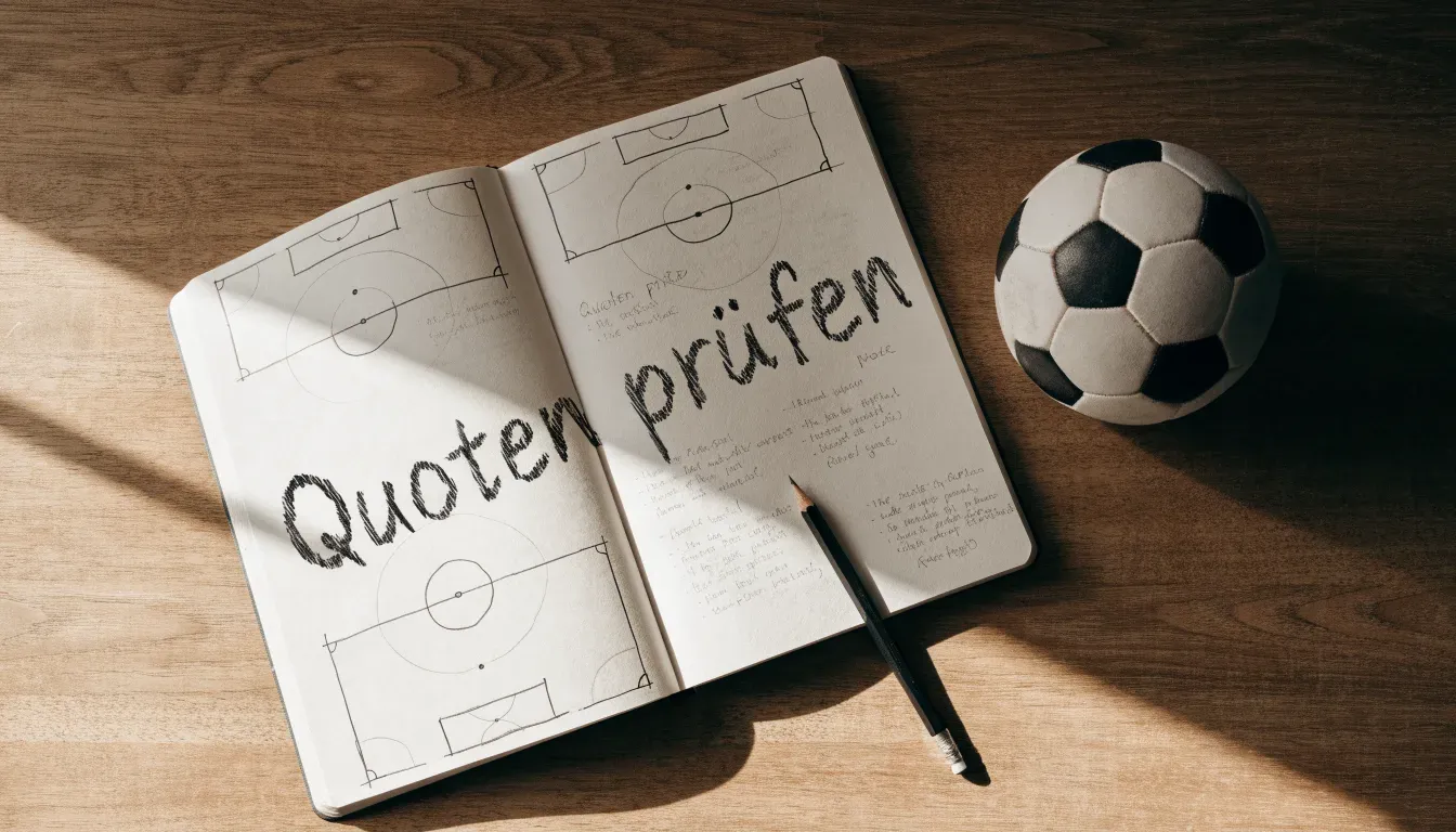 Ein aufgeschlagenes Notizbuch mit Bleistiftskizzen und ein kleiner Fussball liegen auf einem Holztisch im Tageslicht.