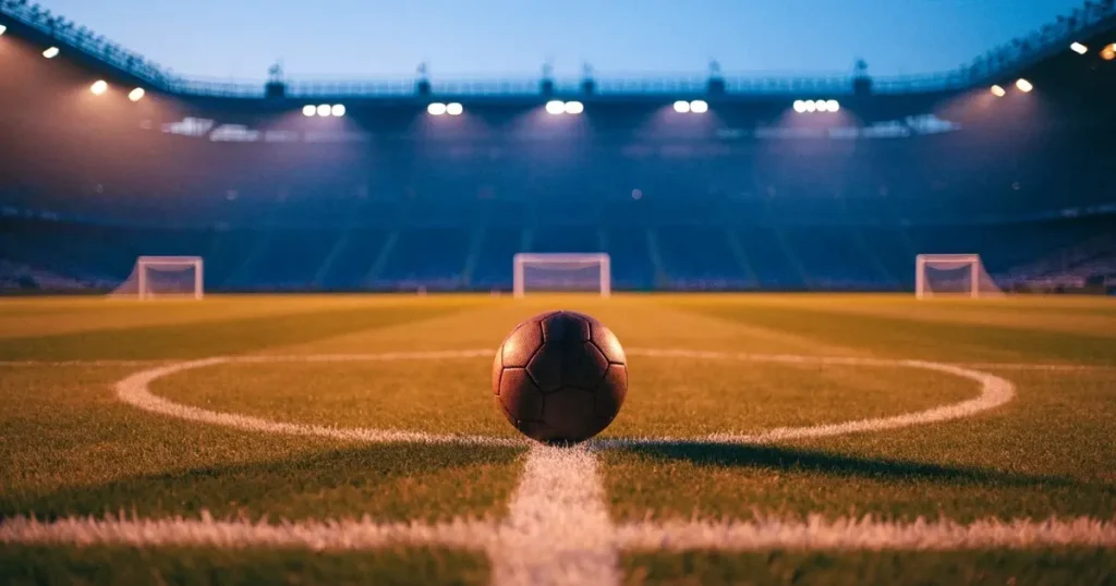 Ein Fussball liegt auf dem Anstosspunkt eines leeren Rasenplatzes, dahinter ragen die Ränge eines grossen Stadions in der Abenddämmerung auf.