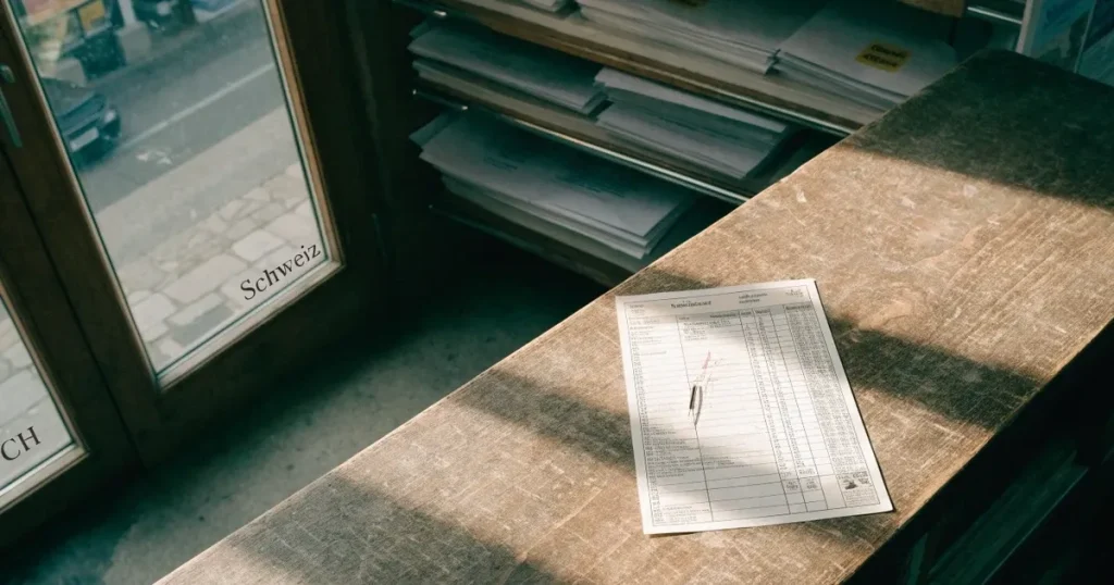 Ein leerer Ladentisch aus Holz mit einem Stapel unbeschriebener Papierzettel und einem Kugelschreiber, durch das Schaufenster fällt Tageslicht.
