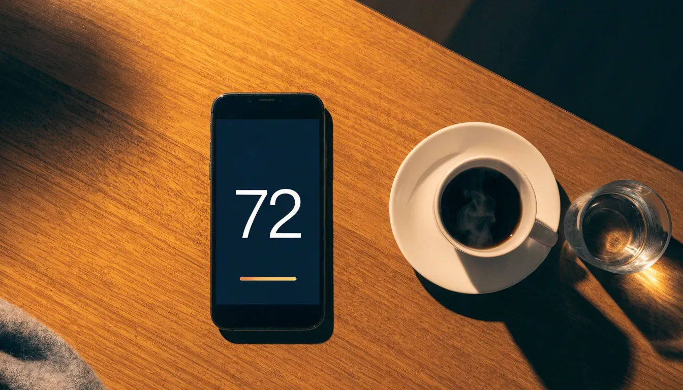 Ein Smartphone mit dunklem Display liegt neben einer Kaffeetasse und einem Glas Wasser auf einem Holztisch im Licht einer Lampe.
