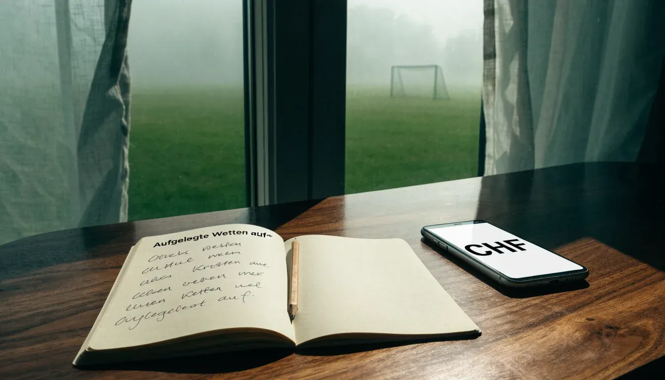 Ein Schreibtisch am Fenster mit Schreibtischlampe, Bleistift und leerem Block, draussen liegt ein Fussballplatz im Dunst.