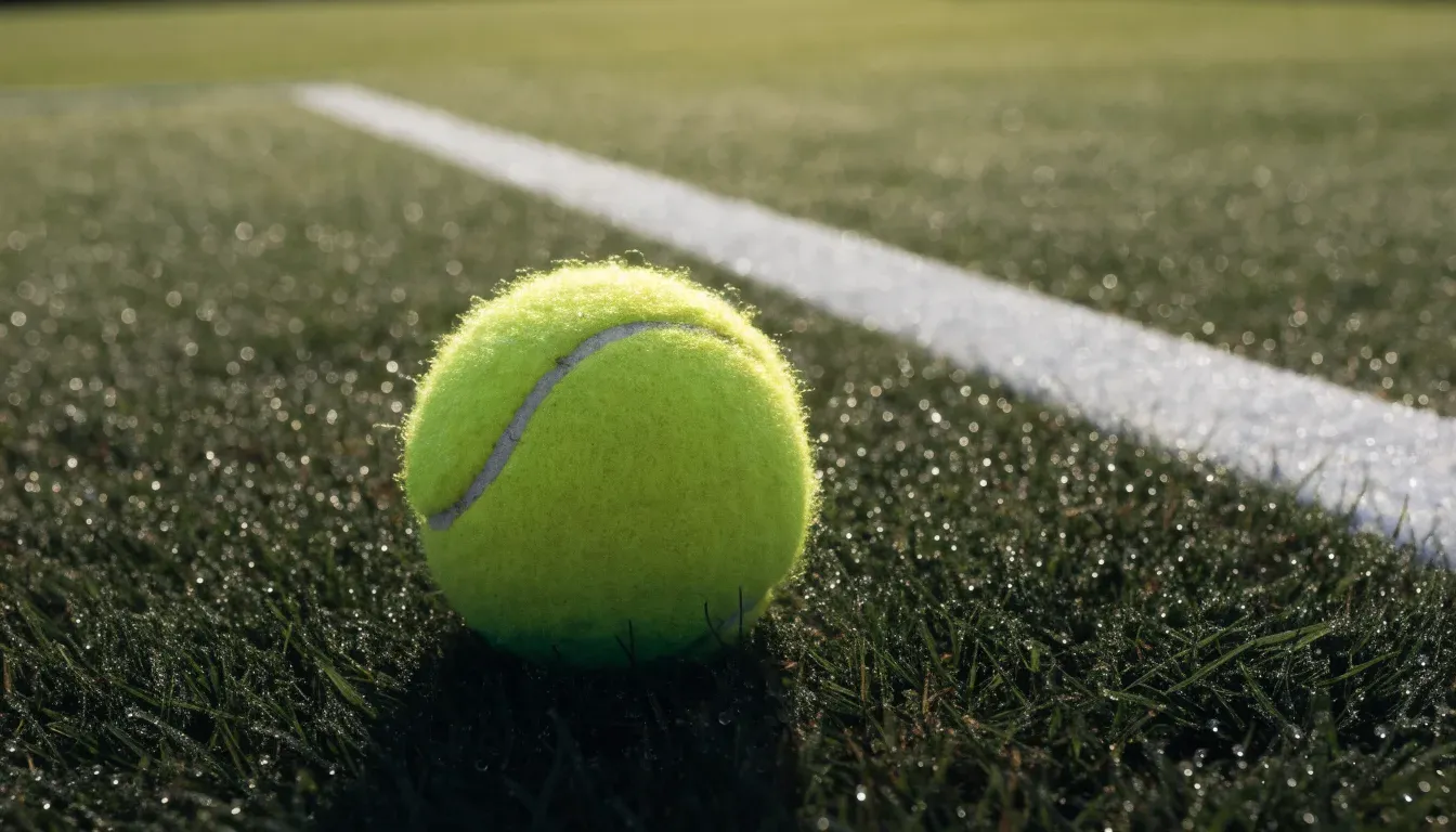 Ein gelber Tennisball liegt im Gras neben der weissen Grundlinie, Tau glitzert auf den Halmen im flachen Sonnenlicht.