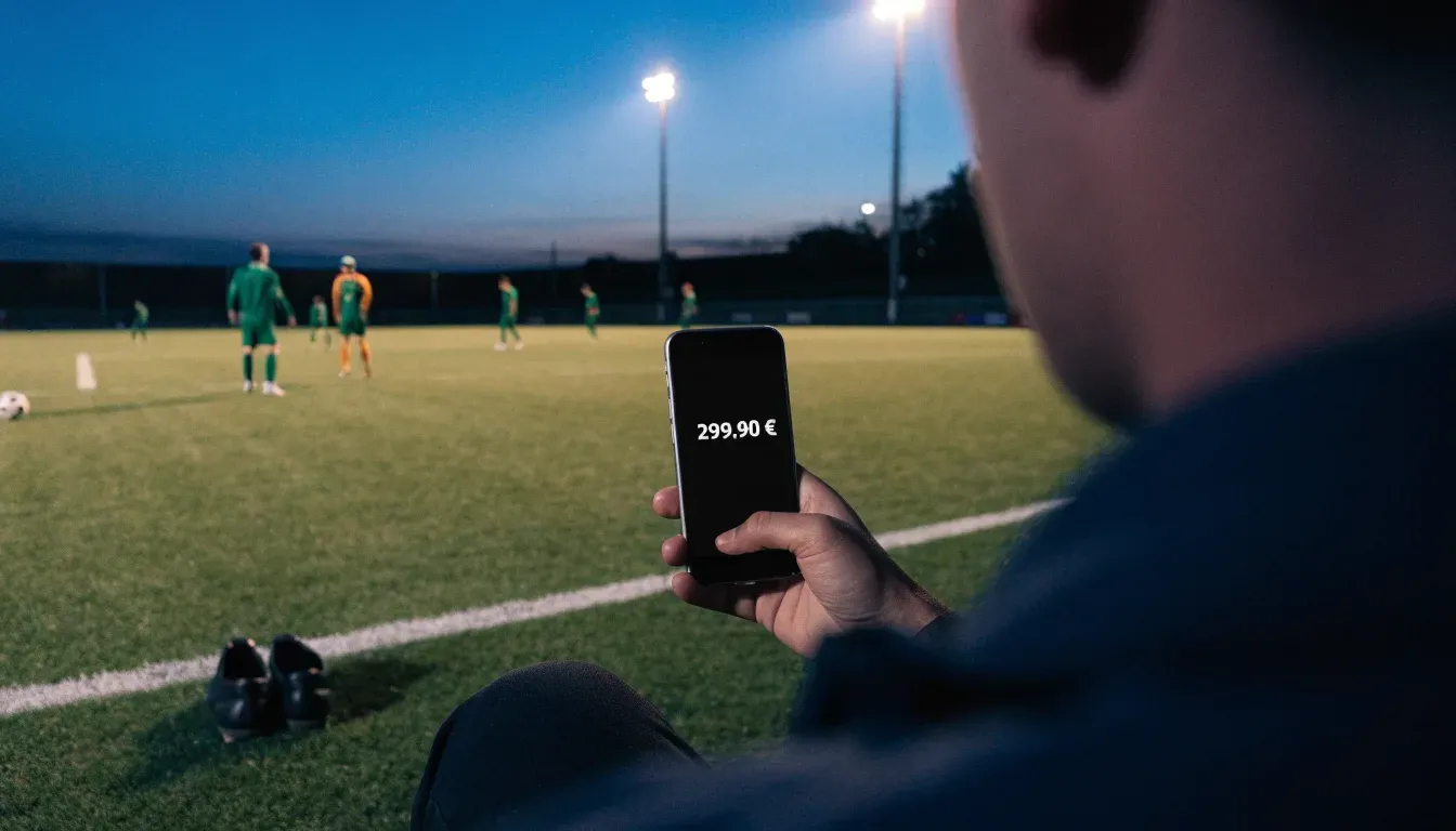 Ein Fussball und ein Paar Stollenschuhe stehen am Rand eines Kunstrasenplatzes, Flutlichtmasten ragen in den Abendhimmel.