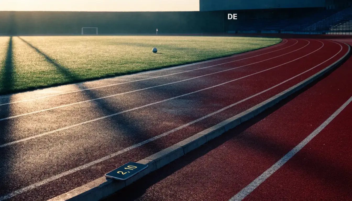 Eine rote Laufbahn umringt ein Fussballfeld beim Sonnenaufgang, auf dem Rasen liegt Tau.